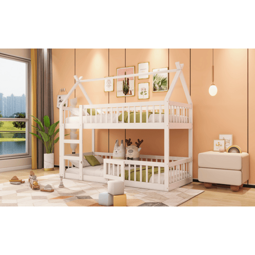 Beliche infantil 90x200 - Beliche com escada, design loft, estrutura em madeira maciça - Branco