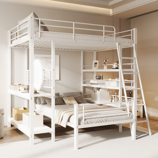 Cama beliche em metal 140*200 cm - Cama multifuncional com vários compartimentos - Branco