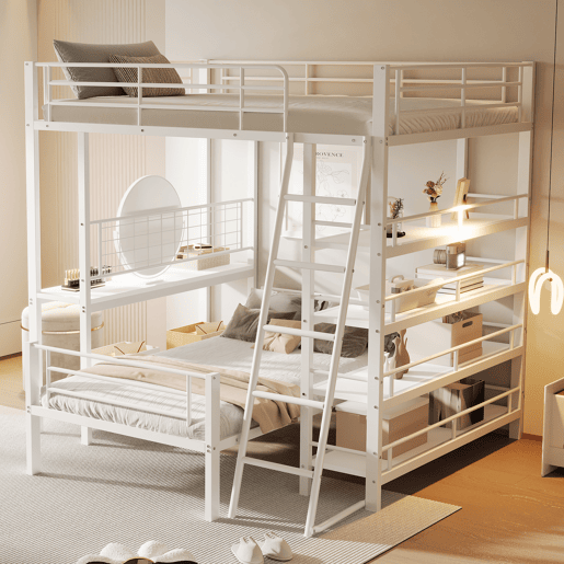 Cama beliche em metal 140*200 cm - Cama multifuncional com vários compartimentos - Branco