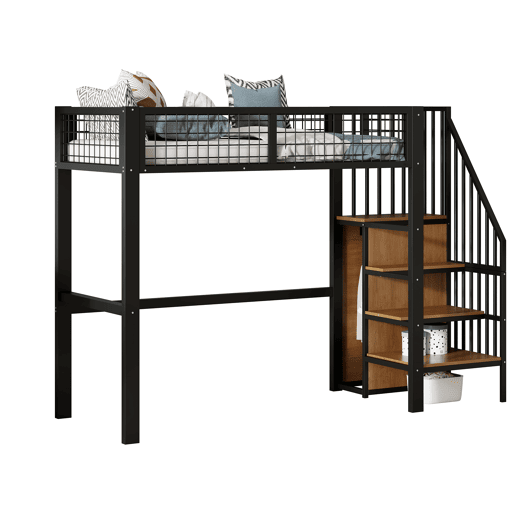 Cama alta 90*200 - Com escada, cama infantil com estrutura de ferro e prateleira de arrumação - Preto