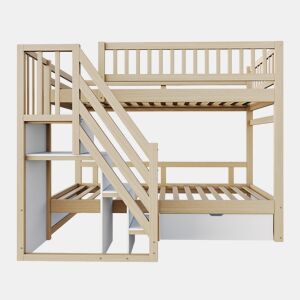 Cama alta em madeira 90*200 cm - Com grade de segurança alta, com estrado, escada com arrumação, com gavetas, cama infantil juvenil - Madeira natural e branca