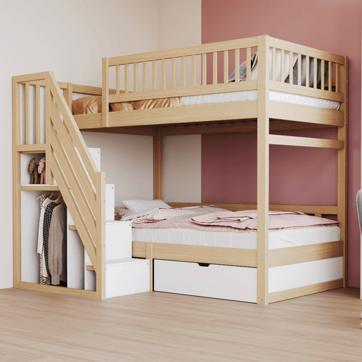 Cama alta em madeira 90*200 cm - Com grade de segurança alta, com estrado, escada com arrumação, com gavetas, cama infantil juvenil - Madeira natural e branca