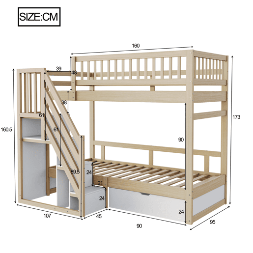 Cama alta em madeira 90*200 cm - Com grade de segurança alta, com estrado, escada com arrumação, com gavetas, cama infantil juvenil - Madeira natural e branca