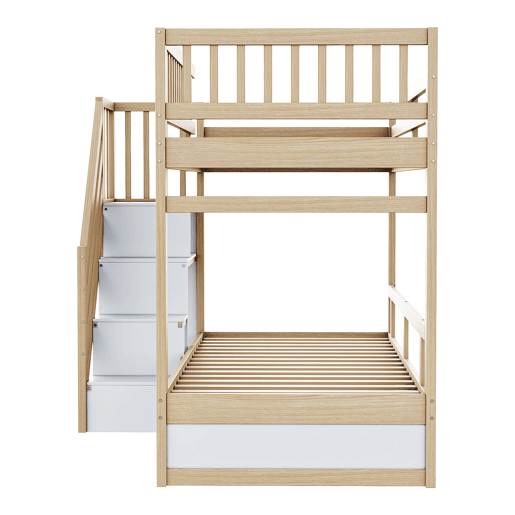 Cama alta em madeira 90*200 cm - Com grade de segurança alta, com estrado, escada com arrumação, com gavetas, cama infantil juvenil - Madeira natural e branca
