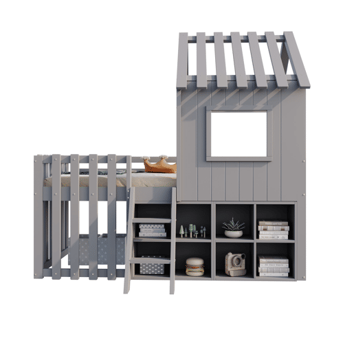 Cama infantil 90x200 - Com teto e janela, com armazenamento aberto e escada, cama dupla de madeira maciça sem colchão - Cinza