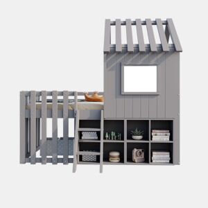 Cama infantil 90x200 - Com teto e janela, com armazenamento aberto e escada, cama dupla de madeira maciça sem colchão - Cinza