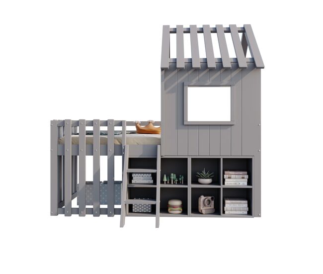 Cama infantil 90x200 - con techo y ventana, con almacenamiento abierto y escalera, cama doble de madera maciza sin colchón - gris