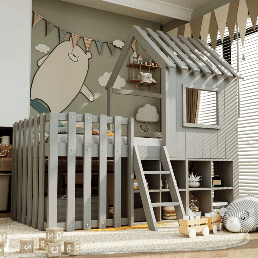Cama infantil 90x200 - Com teto e janela, com armazenamento aberto e escada, cama dupla de madeira maciça sem colchão - Cinza