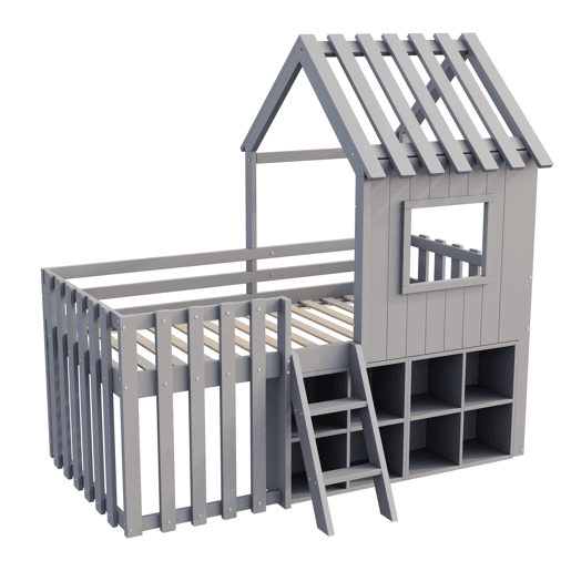 Cama infantil 90x200 - Com teto e janela, com armazenamento aberto e escada, cama dupla de madeira maciça sem colchão - Cinza