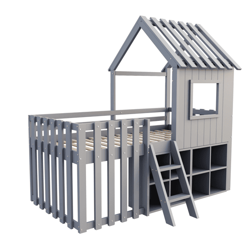 Cama infantil 90x200 - Com teto e janela, com armazenamento aberto e escada, cama dupla de madeira maciça sem colchão - Cinza