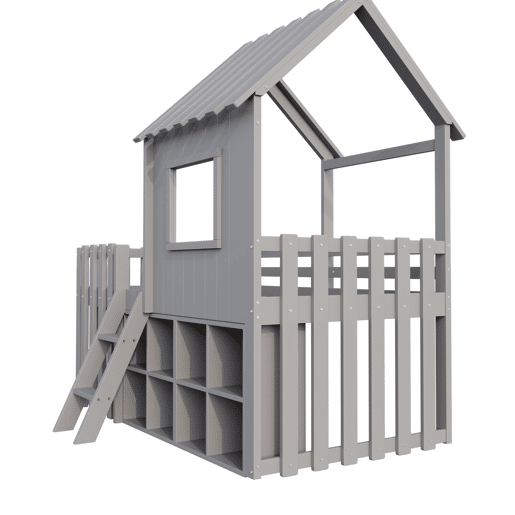 Cama infantil 90x200 - Com teto e janela, com armazenamento aberto e escada, cama dupla de madeira maciça sem colchão - Cinza