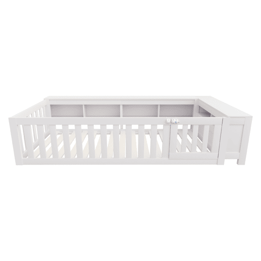 Cama infantil multifuncional 90x200 cm - Com compartimentos de arrumação, grade de segurança e porta, cama de madeira maciça com estrado - Branco