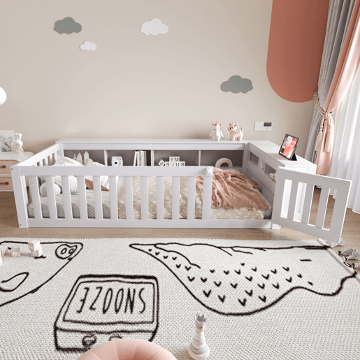 Cama infantil multifuncional 90x200 cm - Com compartimentos de arrumação, grade de segurança e porta, cama de madeira maciça com estrado - Branco