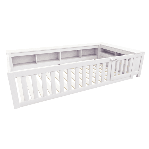 Cama infantil multifuncional 90x200 cm - Com compartimentos de arrumação, grade de segurança e porta, cama de madeira maciça com estrado - Branco
