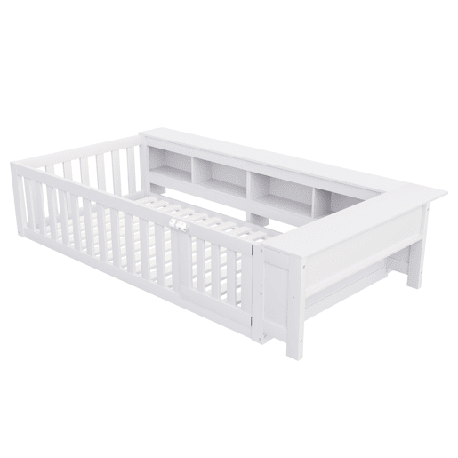 Cama infantil multifuncional 90x200 cm - Com compartimentos de arrumação, grade de segurança e porta, cama de madeira maciça com estrado - Branco