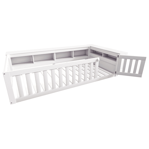 Cama infantil multifuncional 90x200 cm - Com compartimentos de arrumação, grade de segurança e porta, cama de madeira maciça com estrado - Branco