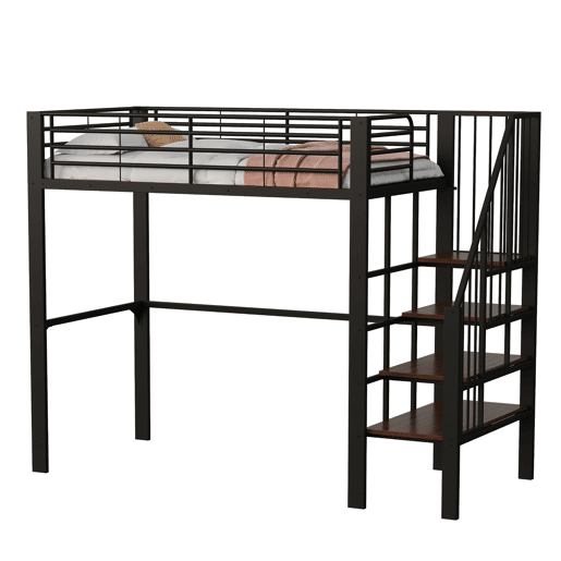 Cama alta de metal 90 x 200 cm - estrutura estável com amplo espaço de arrumação debaixo da cama e escada, ideal para crianças e adultos - preto