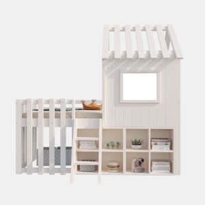 Cama infantil 90x200 - com teto, janela, espaço de armazenamento aberto, escada de escalada, sem colchão - branco