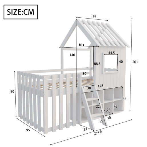 Cama infantil 90x200 - com teto, janela, espaço de armazenamento aberto, escada de escalada, sem colchão - branco