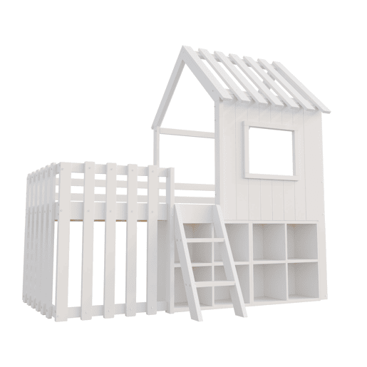 Cama infantil 90x200 - com teto, janela, espaço de armazenamento aberto, escada de escalada, sem colchão - branco