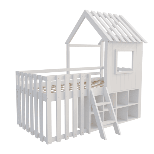 Cama infantil 90x200 - com teto, janela, espaço de armazenamento aberto, escada de escalada, sem colchão - branco