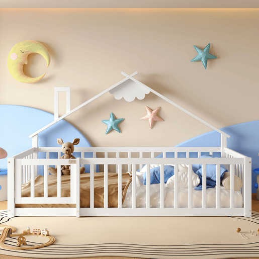 Cama infantil 90x190 cm - Com grade e cerca com fechadura - Branco