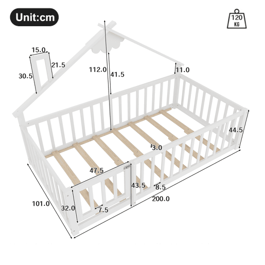 Cama infantil 90x190 cm - Com grade e cerca com fechadura - Branco