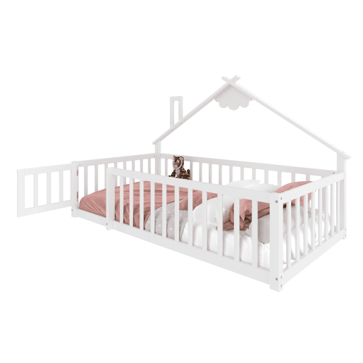 Cama infantil 90x190 cm - Com grade e cerca com fechadura - Branco