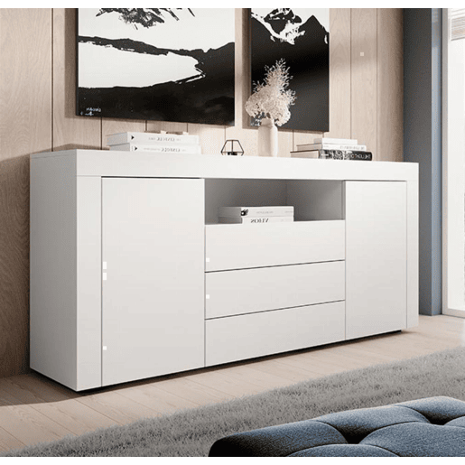 Aparador Sala de estar e jantar Branco 160x35x72 2 portas 3 gavetas Yanis Muebles Bonitos
