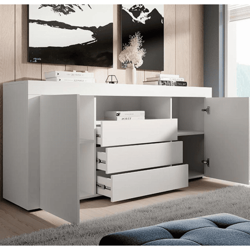 Aparador Sala de estar e jantar Branco 160x35x72 2 portas 3 gavetas Yanis Muebles Bonitos