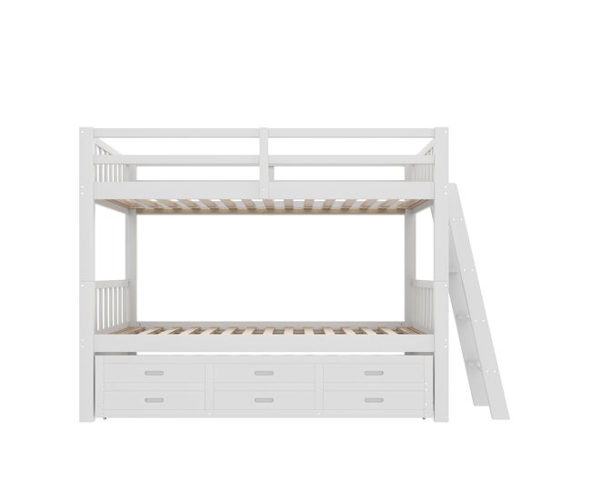 Cama litera 90x200cm - cama infantil con escalera, cama extraíble y 3 cajones, estructura de madera de pino y mdf - blanco