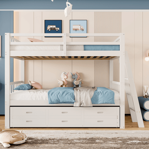 Cama beliche 90x200cm - Cama infantil com escada, cama extraível e 3 gavetas, estrutura em madeira de pinho e MDF - Branco