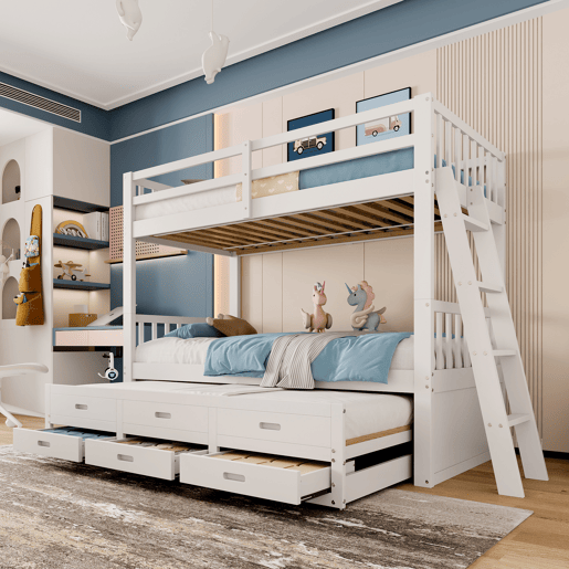 Cama beliche 90x200cm - Cama infantil com escada, cama extraível e 3 gavetas, estrutura em madeira de pinho e MDF - Branco