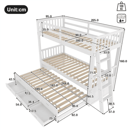 Cama beliche 90x200cm - Cama infantil com escada, cama extraível e 3 gavetas, estrutura em madeira de pinho e MDF - Branco