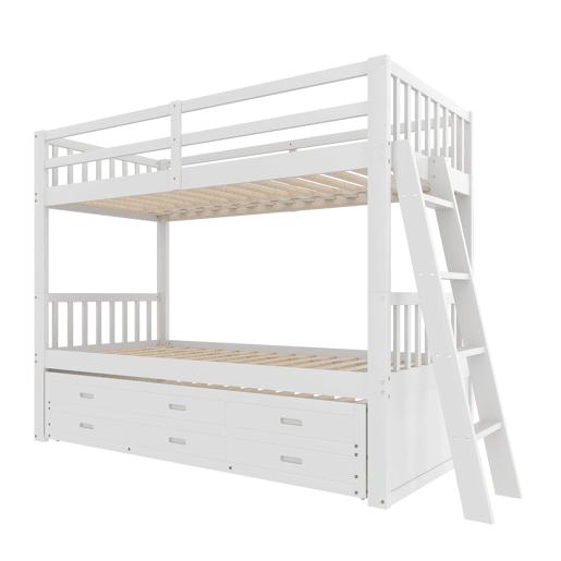 Cama beliche 90x200cm - Cama infantil com escada, cama extraível e 3 gavetas, estrutura em madeira de pinho e MDF - Branco