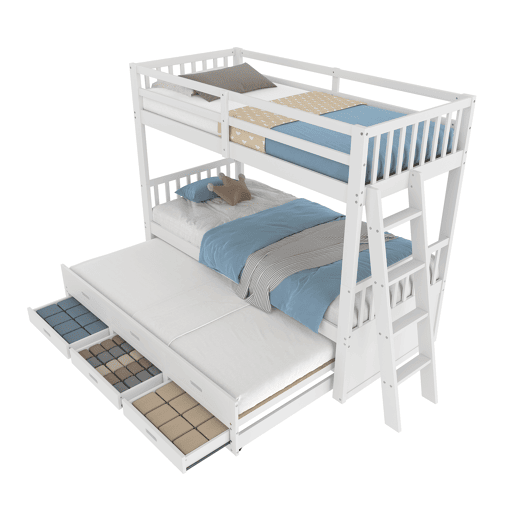 Cama beliche 90x200cm - Cama infantil com escada, cama extraível e 3 gavetas, estrutura em madeira de pinho e MDF - Branco