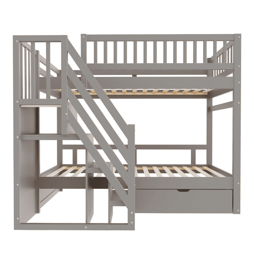 Cama beliche 90*200 cm - Com painel de segurança alto, com estrado, escada de segurança com arrumação, com gavetas, cama infantil juvenil - Cinza