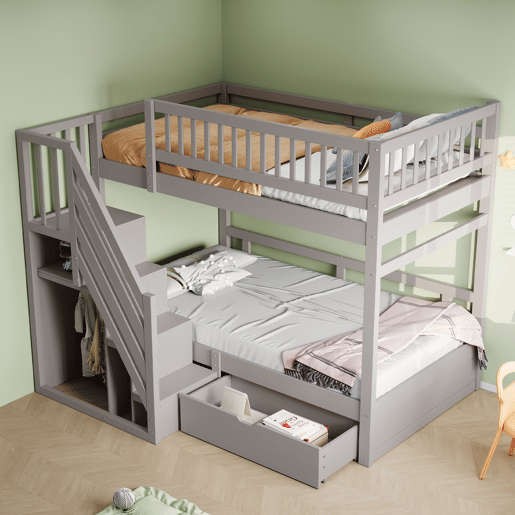 Cama beliche 90*200 cm - Com painel de segurança alto, com estrado, escada de segurança com arrumação, com gavetas, cama infantil juvenil - Cinza