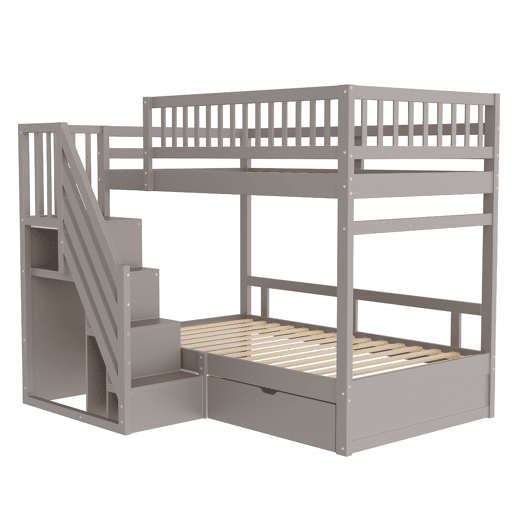 Cama beliche 90*200 cm - Com painel de segurança alto, com estrado, escada de segurança com arrumação, com gavetas, cama infantil juvenil - Cinza