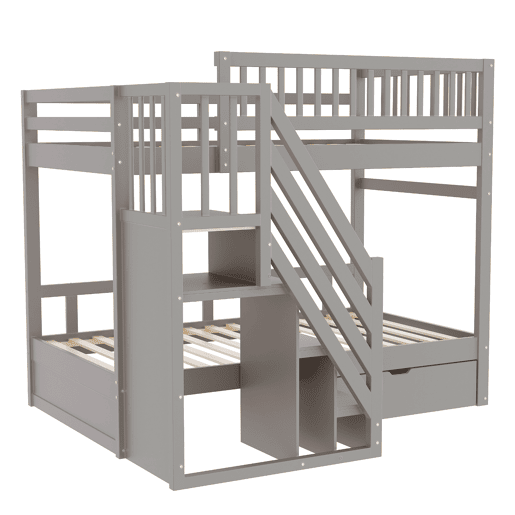 Cama beliche 90*200 cm - Com painel de segurança alto, com estrado, escada de segurança com arrumação, com gavetas, cama infantil juvenil - Cinza