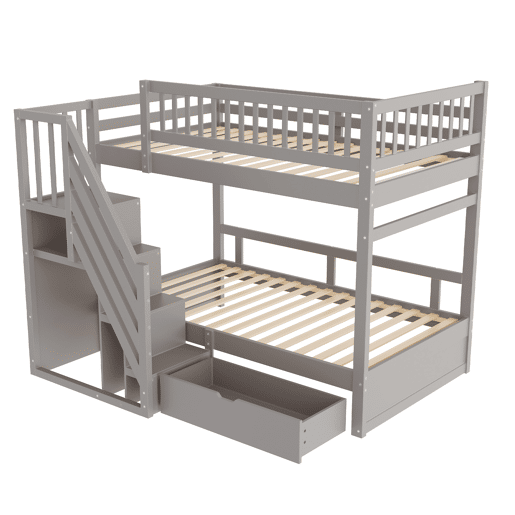 Cama beliche 90*200 cm - Com painel de segurança alto, com estrado, escada de segurança com arrumação, com gavetas, cama infantil juvenil - Cinza