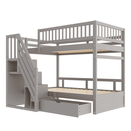 Cama beliche 90*200 cm - Com painel de segurança alto, com estrado, escada de segurança com arrumação, com gavetas, cama infantil juvenil - Cinza