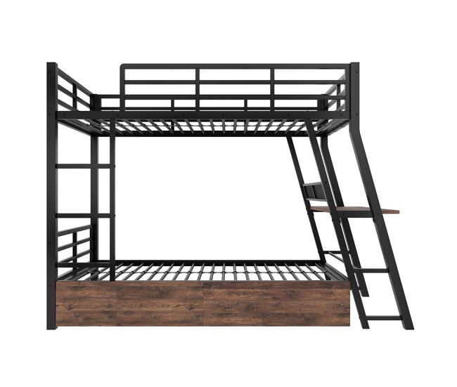 Cama alta 90x200 cm - estructura de hierro, barra led, cajones, barandilla, escalera, escritorio - negro