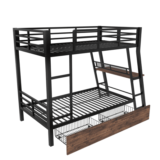 Cama alta 90x200 cm - Estrutura em ferro, barra LED, gavetas, grade, escada, secretária - Preto