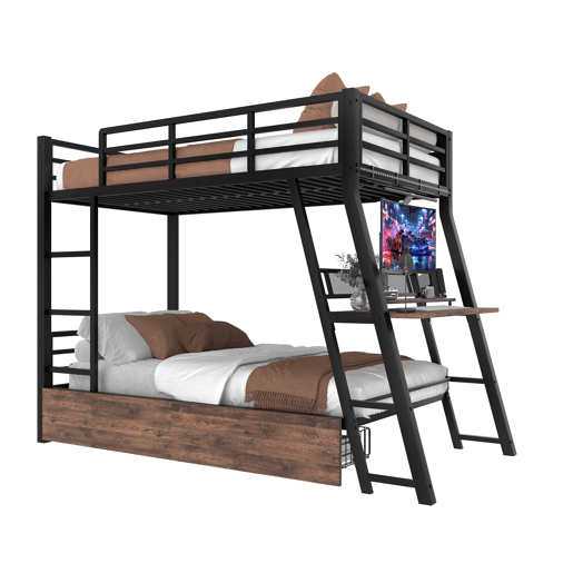 Cama alta 90x200 cm - Estrutura em ferro, barra LED, gavetas, grade, escada, secretária - Preto