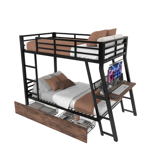 Cama alta 90x200 cm - Estrutura em ferro, barra LED, gavetas, grade, escada, secretária - Preto