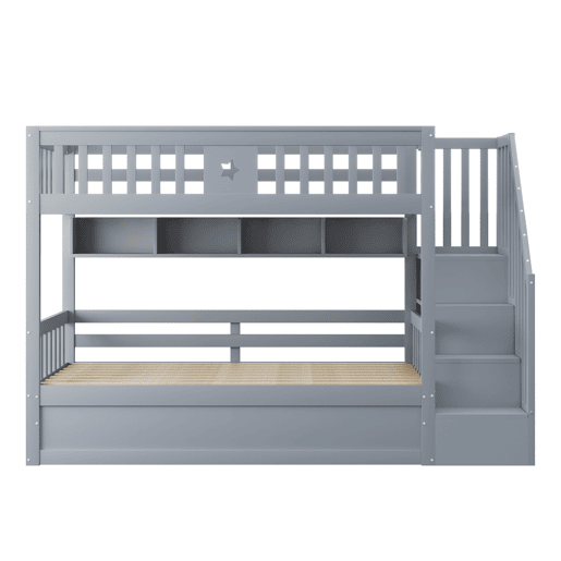 Cama alta 90x200 cm - Cama juvenil, com escada de arrumação e prateleiras - Cinza