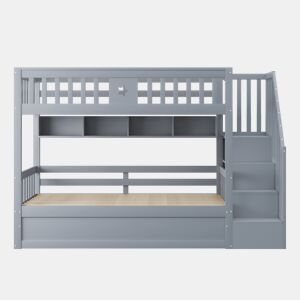 Cama alta 90x200 cm - Cama juvenil, com escada de arrumação e prateleiras - Cinza