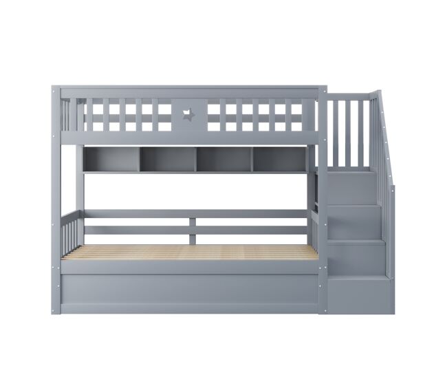 Cama alta 90x200 cm - cama juvenil, con escalera de almacenamiento y estanterías - gris