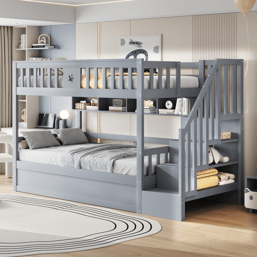 Cama alta 90x200 cm - Cama juvenil, com escada de arrumação e prateleiras - Cinza